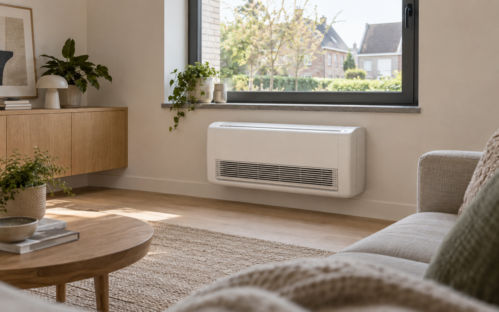 Binnenunit van een airco zonder buitenunit in een woonkamer