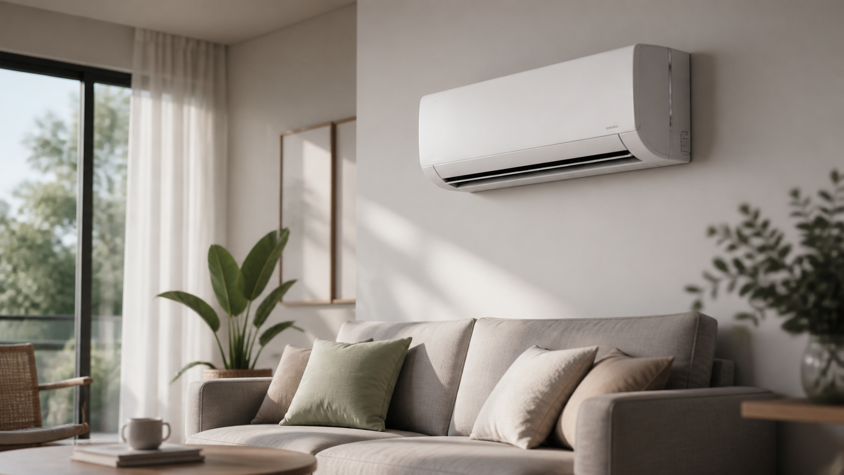 Woonkamer met airco boven de zetel